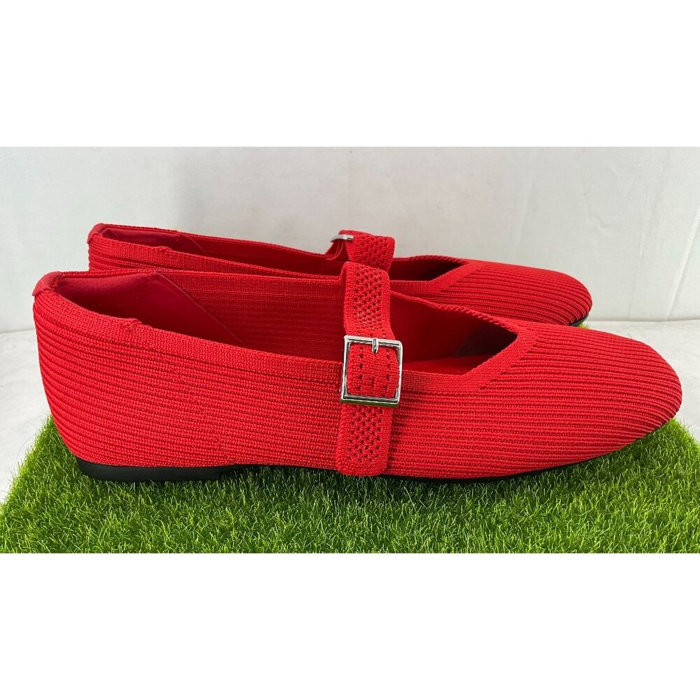 Red Mary Jane Style Knit Flats With Adjustable Buckle Strap - Picture 3 of 9